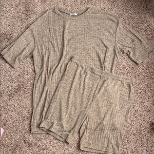 WOMENS TWO PIECE MATCHING LOUNGE SET — RIBBED KNIT BIKE SHORT STYLE